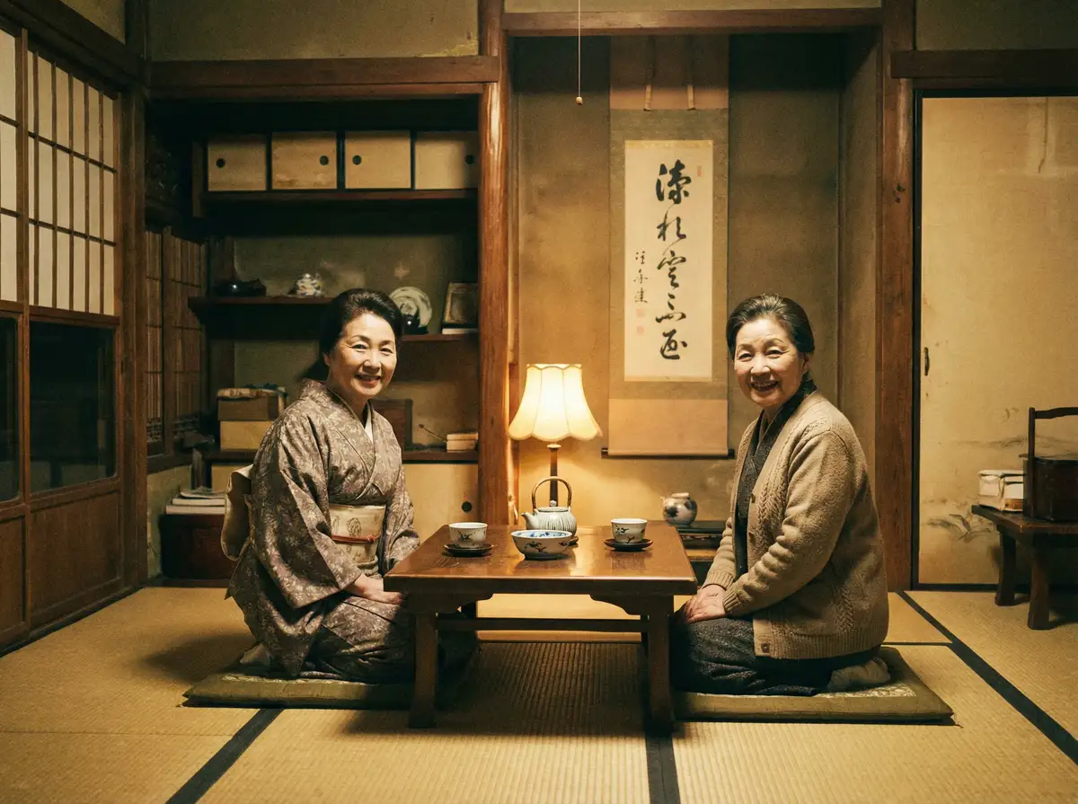 两位优雅的 91n 在日式茶室中品茶交谈